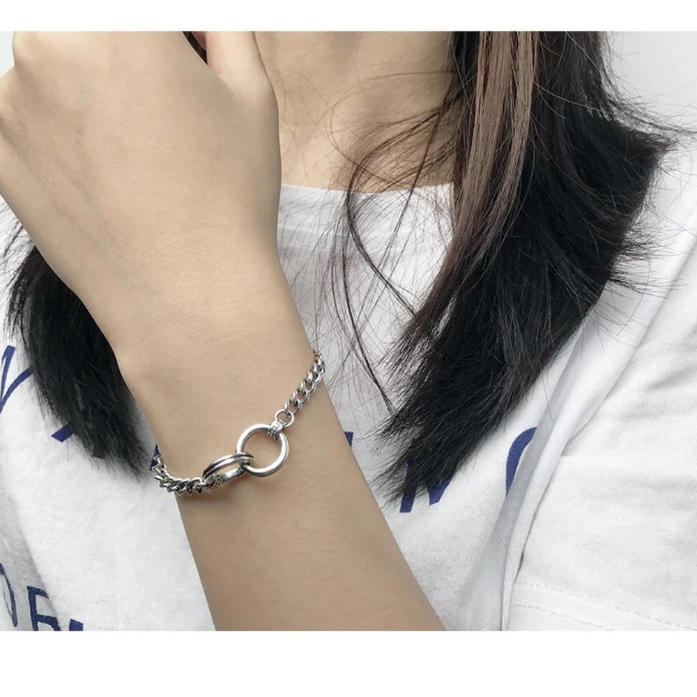 925 Sterling Silver Double Circle Chain Bracelet - Picture 2 of 8